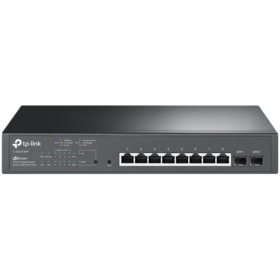 TP-Link SG2210MP Omada 10-Port Gigabit Smart Switch with 8-Port PoE+, 8× G PoE+ ports and 2× G SFP slots, 150 W total PoE budget, Omada app, Static Routing, VLAN, ACL, QoS, IGMP Snooping, Zero-Touch Provisioning, QoS Traffic Prioritization