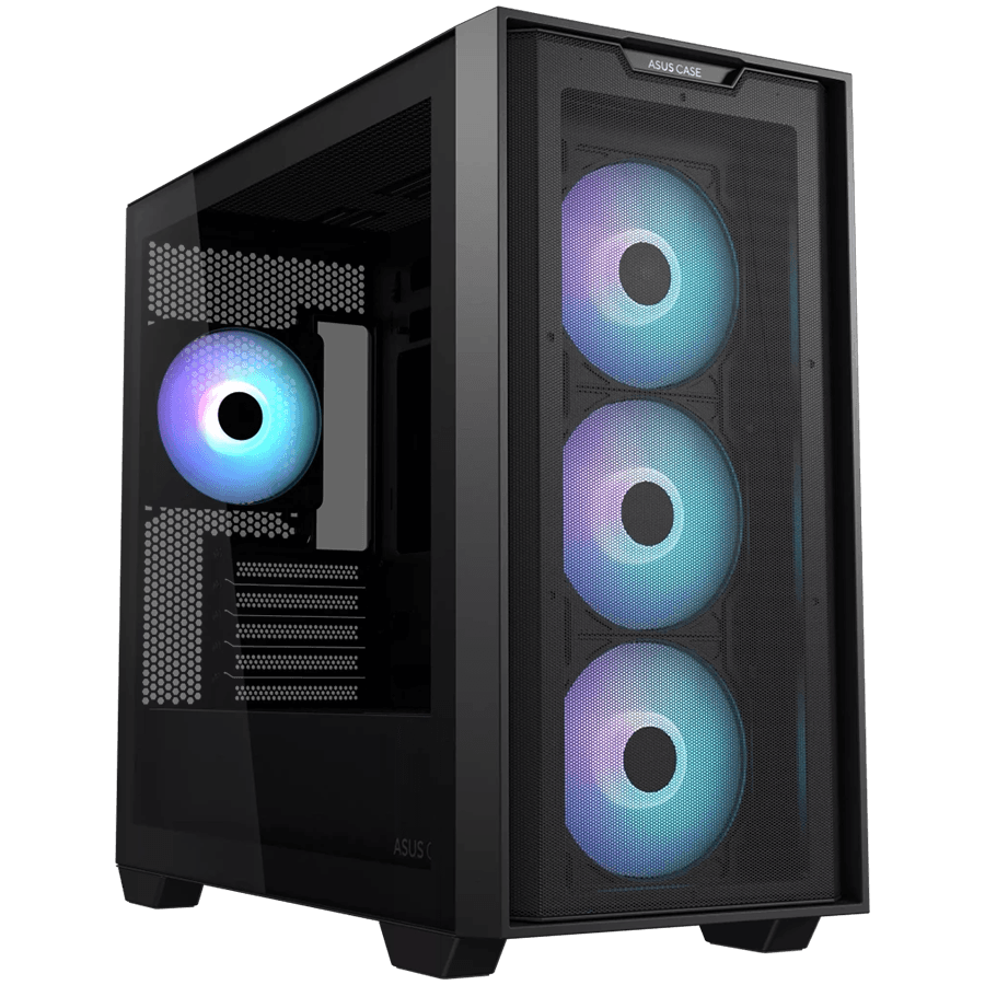 ASUS A21 PLUS Tempered Glass microATX case Black, support for hidden-connector motherboards, 360 mm radiators and 380 mm graphics cards, four pre-installed ARGB fans and clean cable management