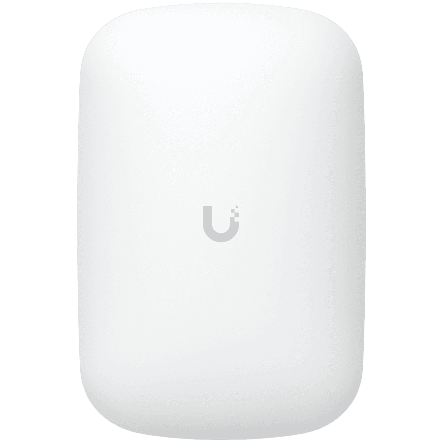 UBIQUITI U6 Extender; WiFi 6; 6 spatial streams; 115 m² (1,250 ft²) coverage; 300+ connected devices; Powered with standard AC wall outlet; Wireless uplink to UniFi WiFi.