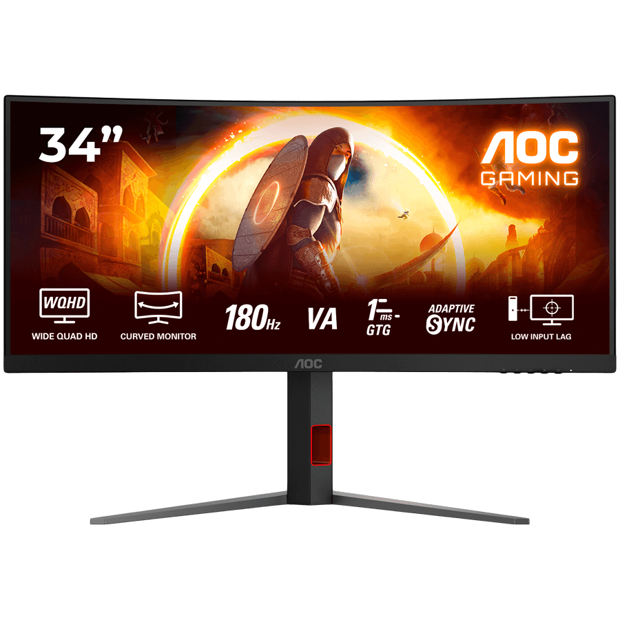 AOC Monitor Gaming CU34G4 Curved 34" Fast VA, 3440x1440, 180Hz, 0.5ms MPRT (1ms GtG), 300 cd/m2, 2500:1, 1500R, Adaptive Sync, FreeSync Premium, HDR10, 2x HDMI, 1x DP, Full Ergo