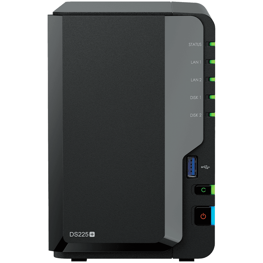 Synology DS225+, Tower, 2-bays 3.5'' SATA HDD/SSD, CPU Inte Celeron J4125 4-core (4-thread) 2.0 GHz, burst up to 2.7 GHz, 2 GB DDR4 non-ECC (expandable up to 6 GB), 1xRJ-45 1GbE LAN, 1xRJ-45 2.5 GbE LAN, 2xUSB 3.2 Gen 1, 1.3 kg, 3yr warranty