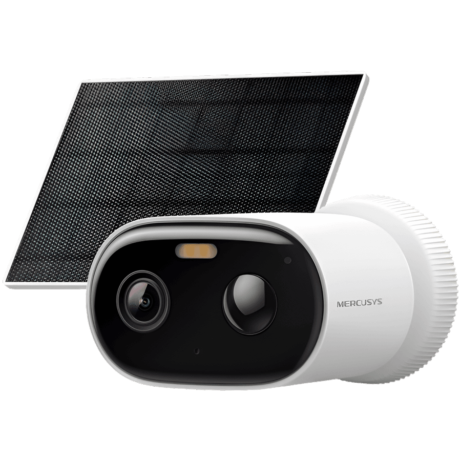 Mercusys MC410 KIT Solar-Power Security Camera Kit, 2K Res. (2304x1296), Bullet Camera, Built-in Microphone and Speaker, Color Night Vision, 2.4 GHz & 5 GHz Wi-Fi, 5 W Max Charging Power, IP65, MERCUSYS APP, Smart Detection and Notifications